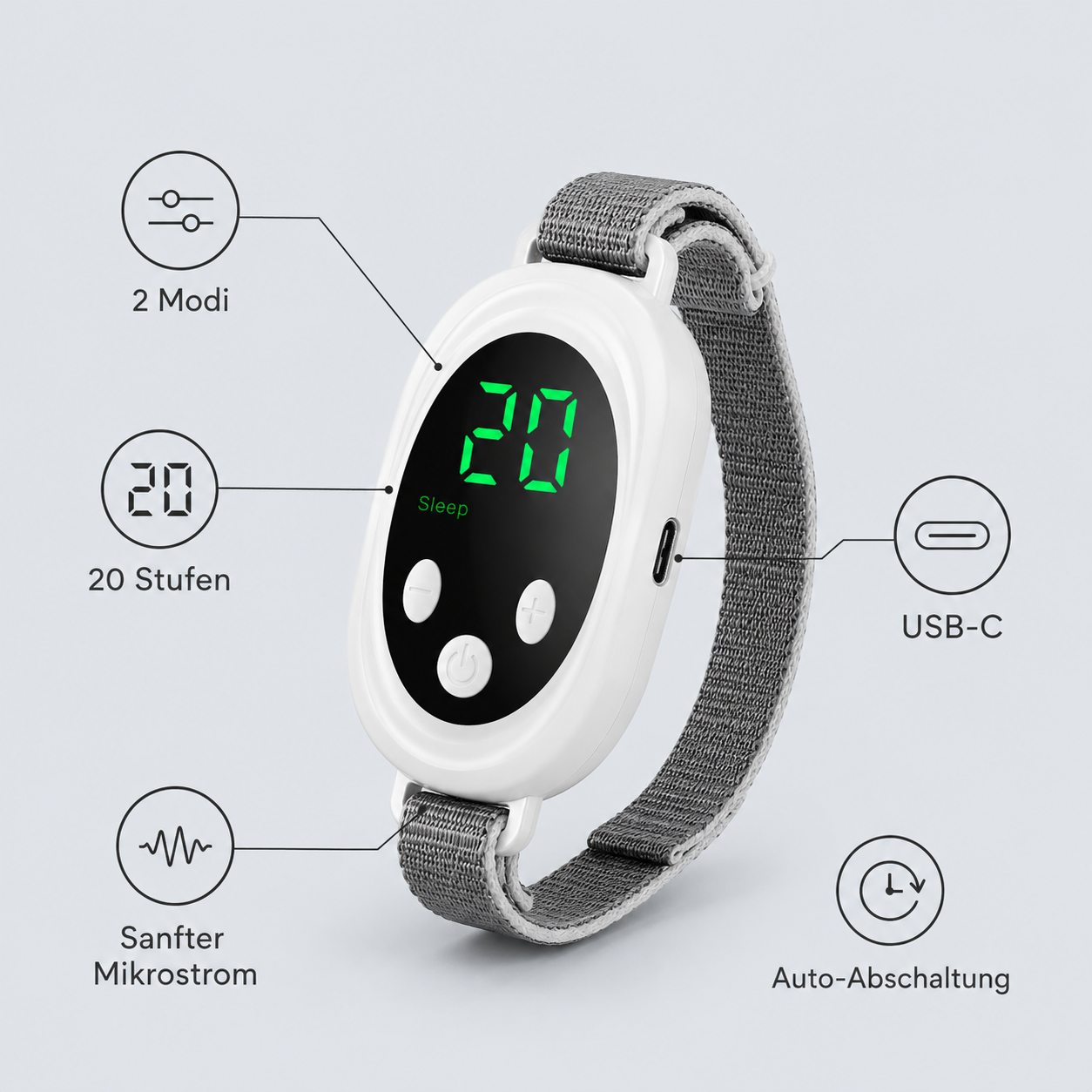 Mikrostrom Schlafhilfe Features – 2 Modi, 20 Stufen, USB-C, Auto-Abschaltung