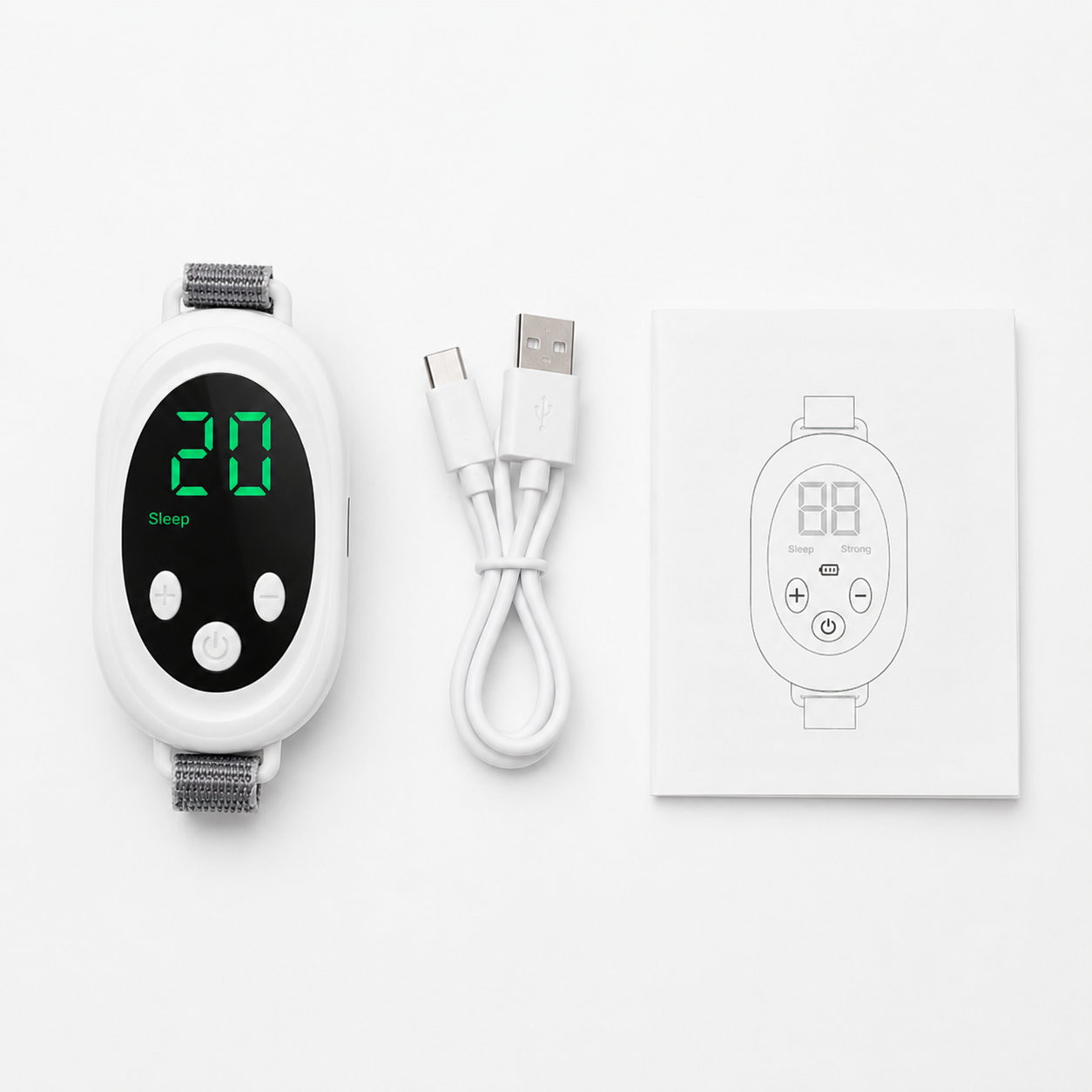 Mikrostrom Schlafhilfe Lieferumfang – Gerät, USB-C-Kabel und Anleitung