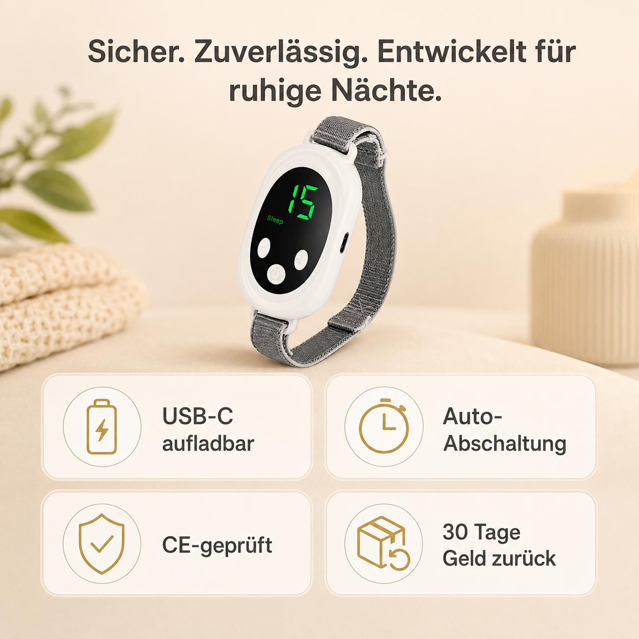 Mikrostrom Schlafhilfe Trust-Badges – CE-geprüft, USB-C aufladbar, Auto-Abschaltung, 30 Tage Geld zurück
