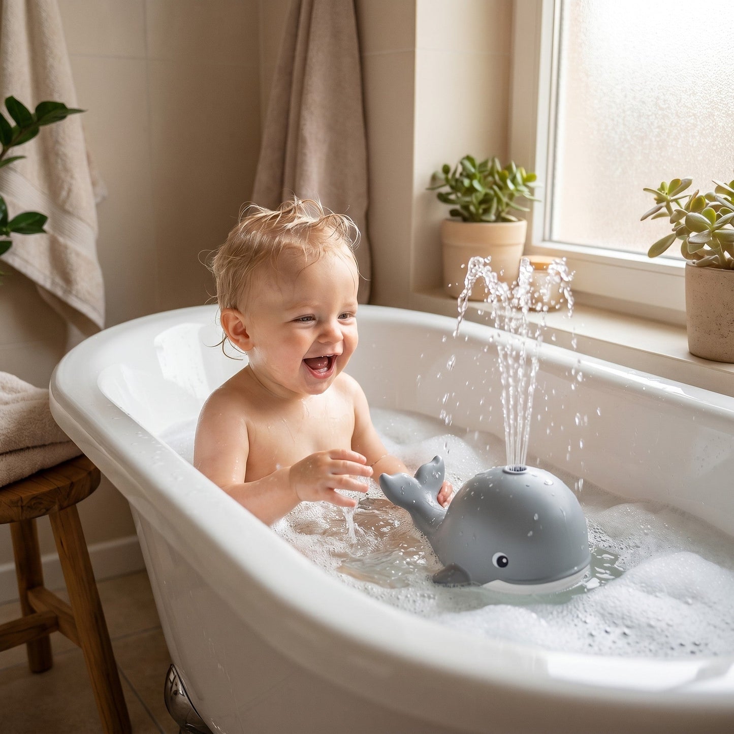 Grauer Spritzwal Badespielzeug spritzt Wasser in der Badewanne