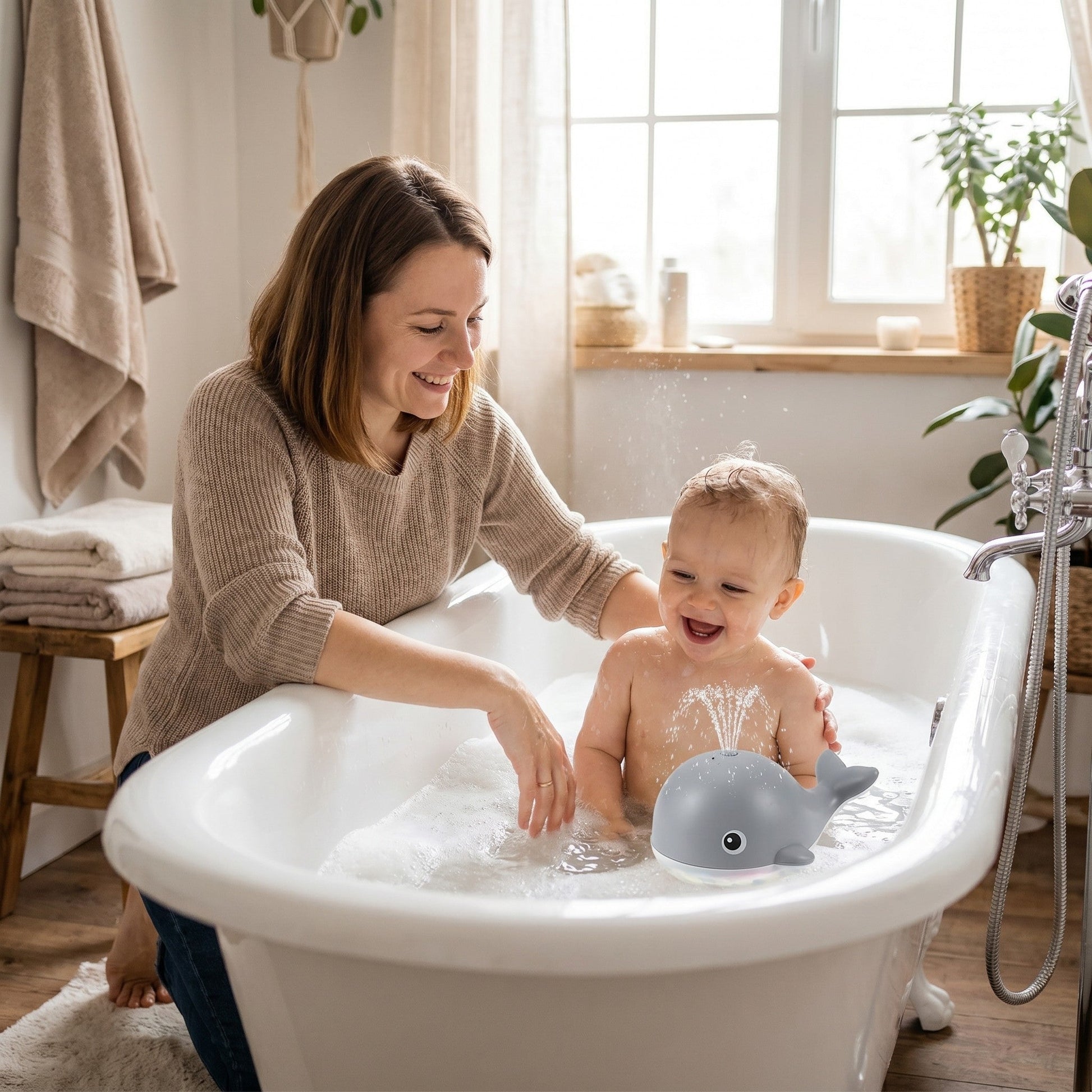 Mutter badet ihr Kind mit dem spritzenden Wal-Badespielzeug