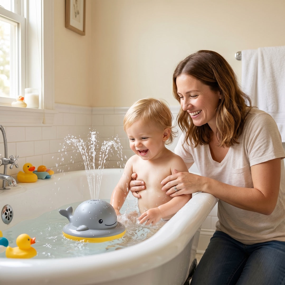 Mutter badet ihr Kind mit dem spritzenden Wal-Badespielzeug