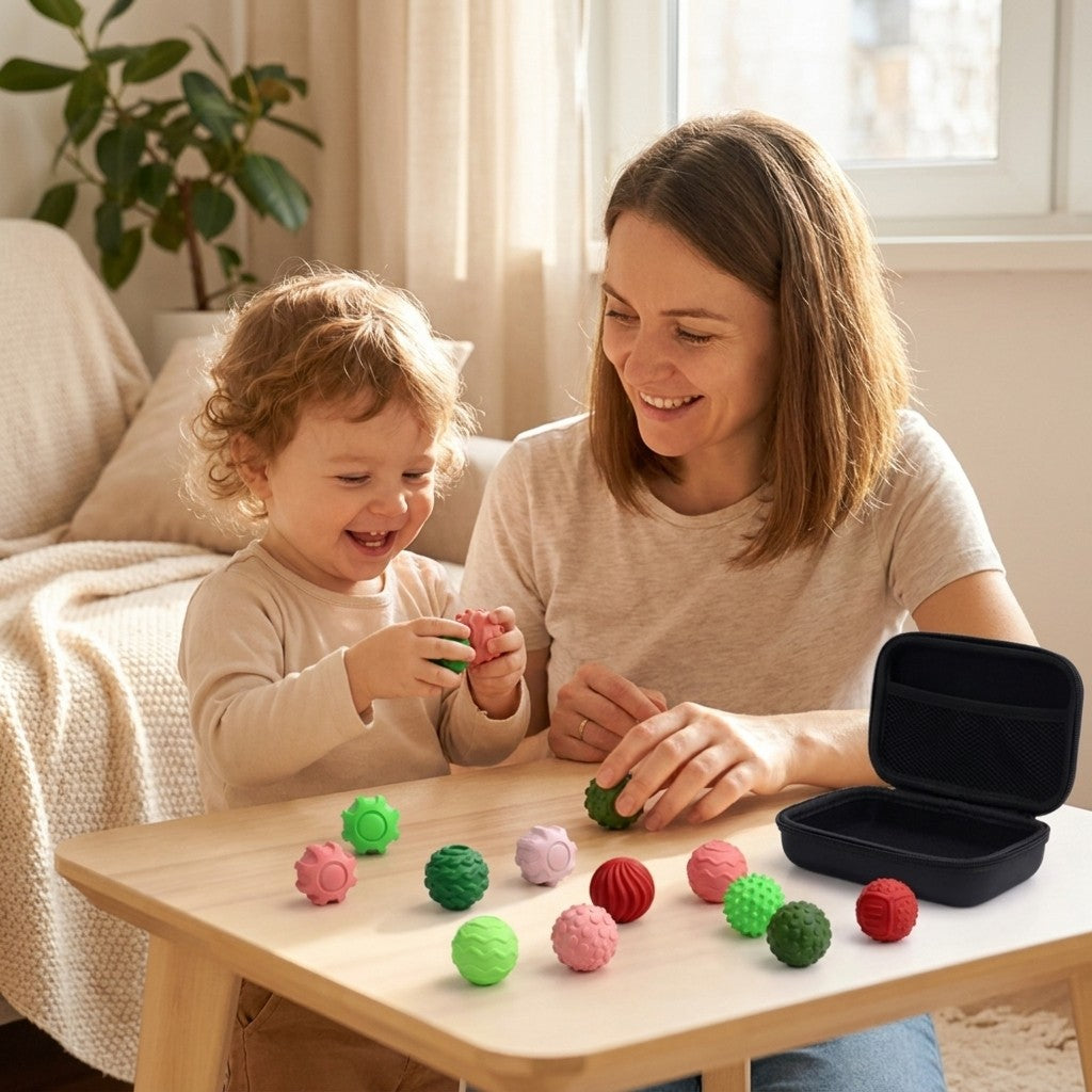 Mutter und Kind spielen mit den magnetischen Sensorik-Bällen