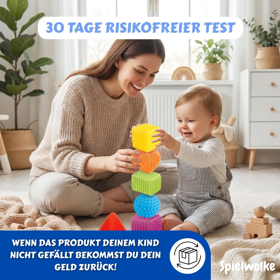 30 Tage risikofreier Test – Familie spielt mit Sensorik-Bauklötzen