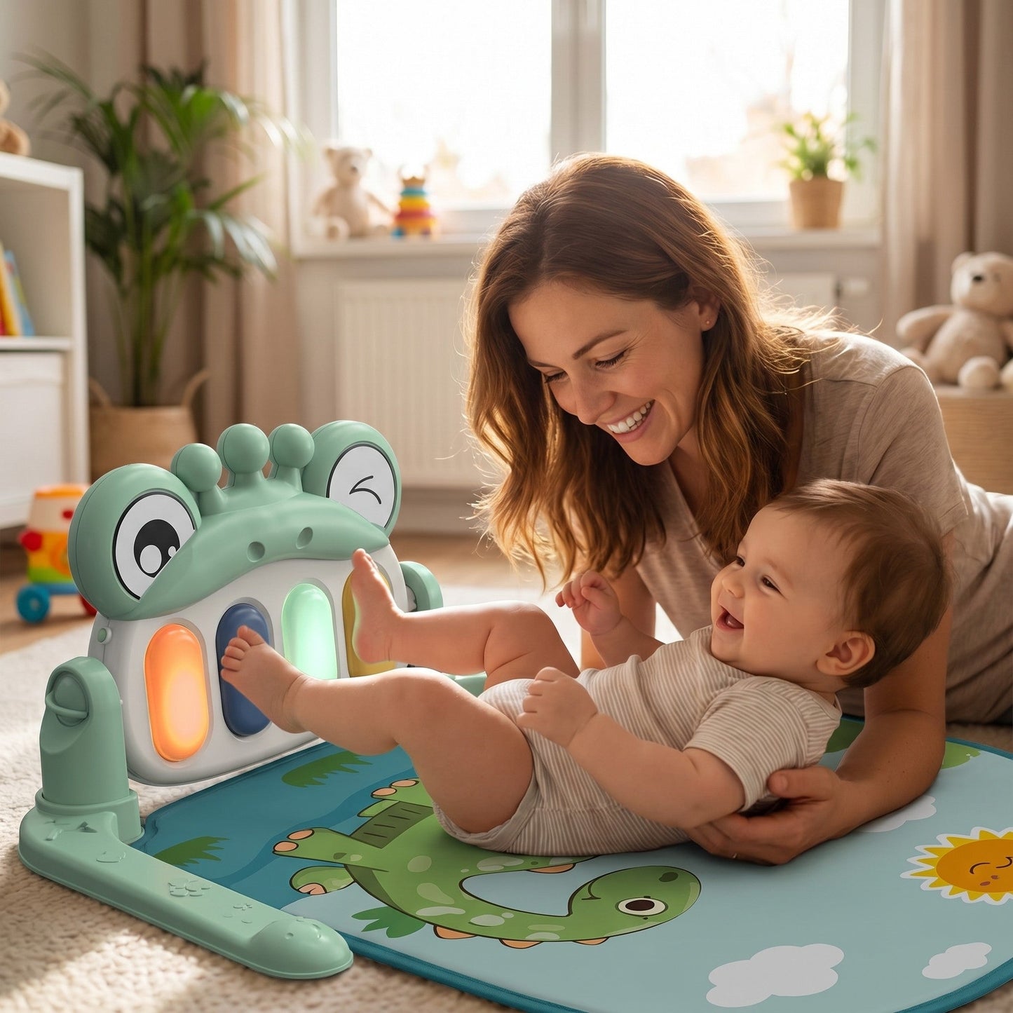Mutter und Baby an der Baby-Spielmatte mit Klavier