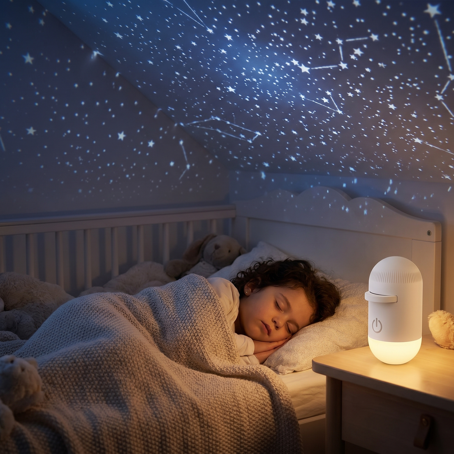 Kind schläft friedlich unter dem projizierten Sternenhimmel