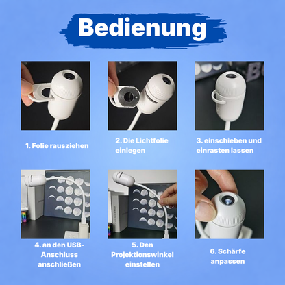 Sternenhimmel-Projektor Bedienung in 6 Schritten – Lichtfolie einlegen, anschließen und scharfstellen