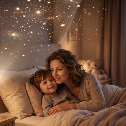 Mutter und Kind genießen den projizierten Sternenhimmel im Bett