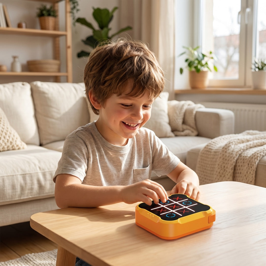 Junge spielt das elektronische Tic-Tac-Toe-Spiel mit Leuchtdisplay