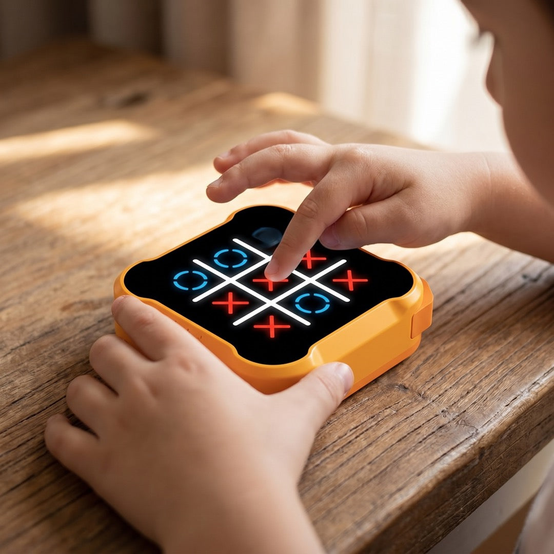 Kinderhände spielen das elektronische Tic-Tac-Toe mit Licht und Sound