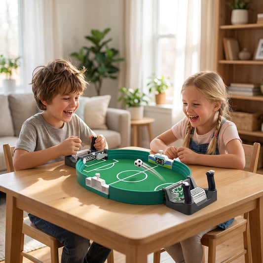 Kinder spielen Tischfußball am Tisch im Wohnzimmer