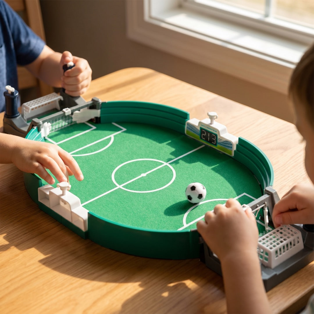 Kinderhände betätigen den Katapult beim Tischfußball