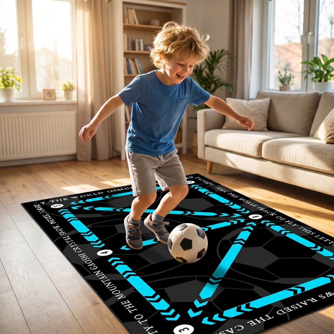 Junge dribbelt einen Fußball auf der Fußball-Trainingsmatte im Wohnzimmer