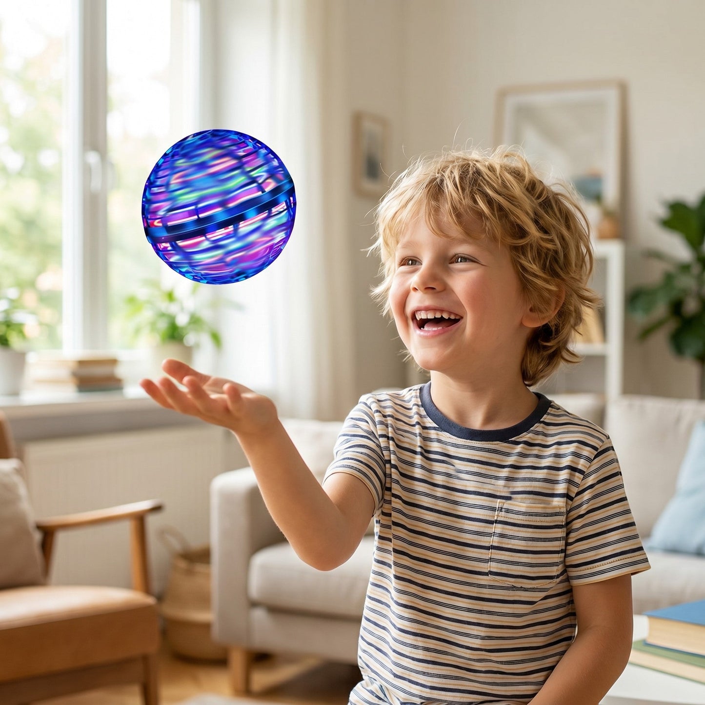 Kind spielt mit UFO Flugball im hellen Kinderzimmer