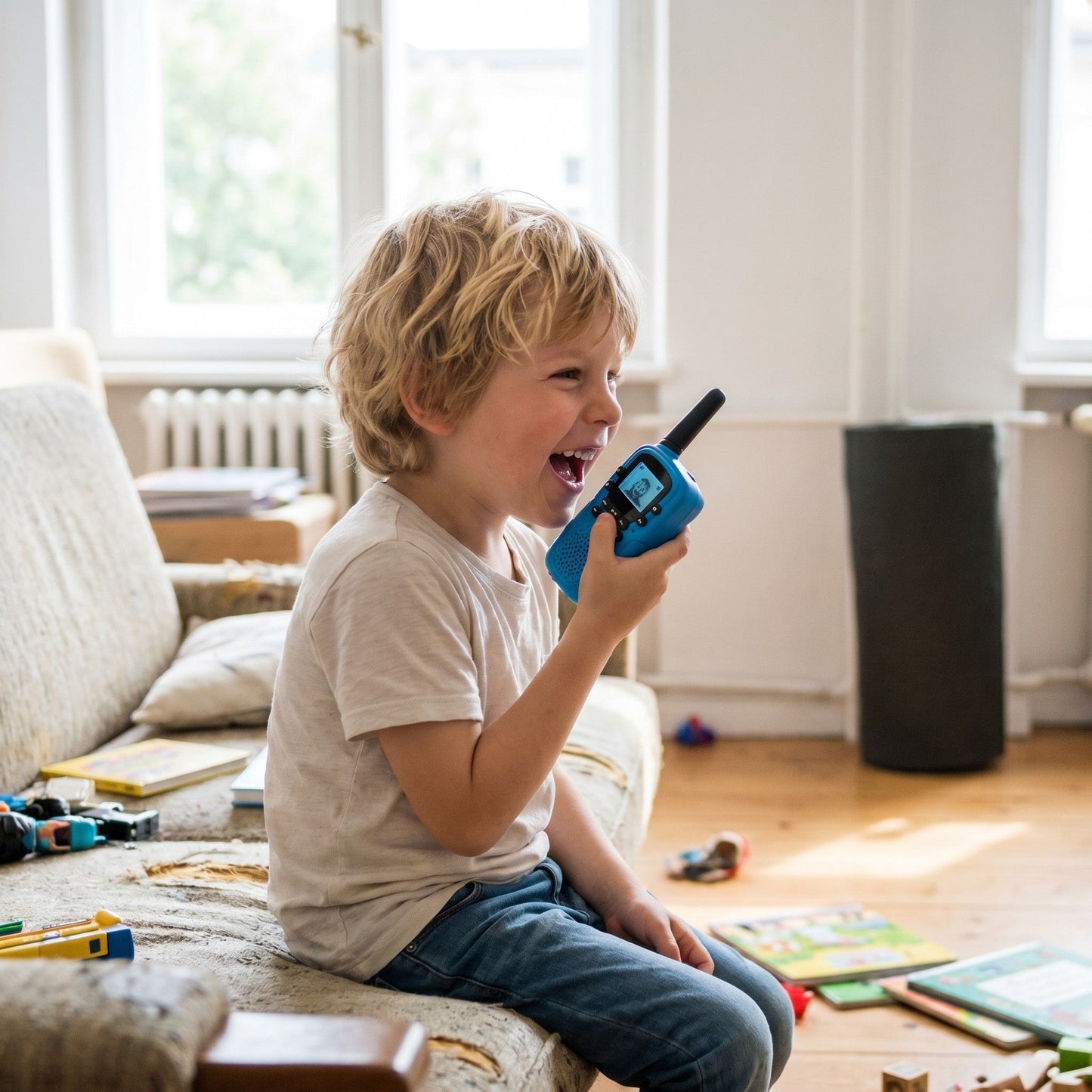 Kind funkt mit dem Kinder-Walkie-Talkie im hellen Wohnzimmer
