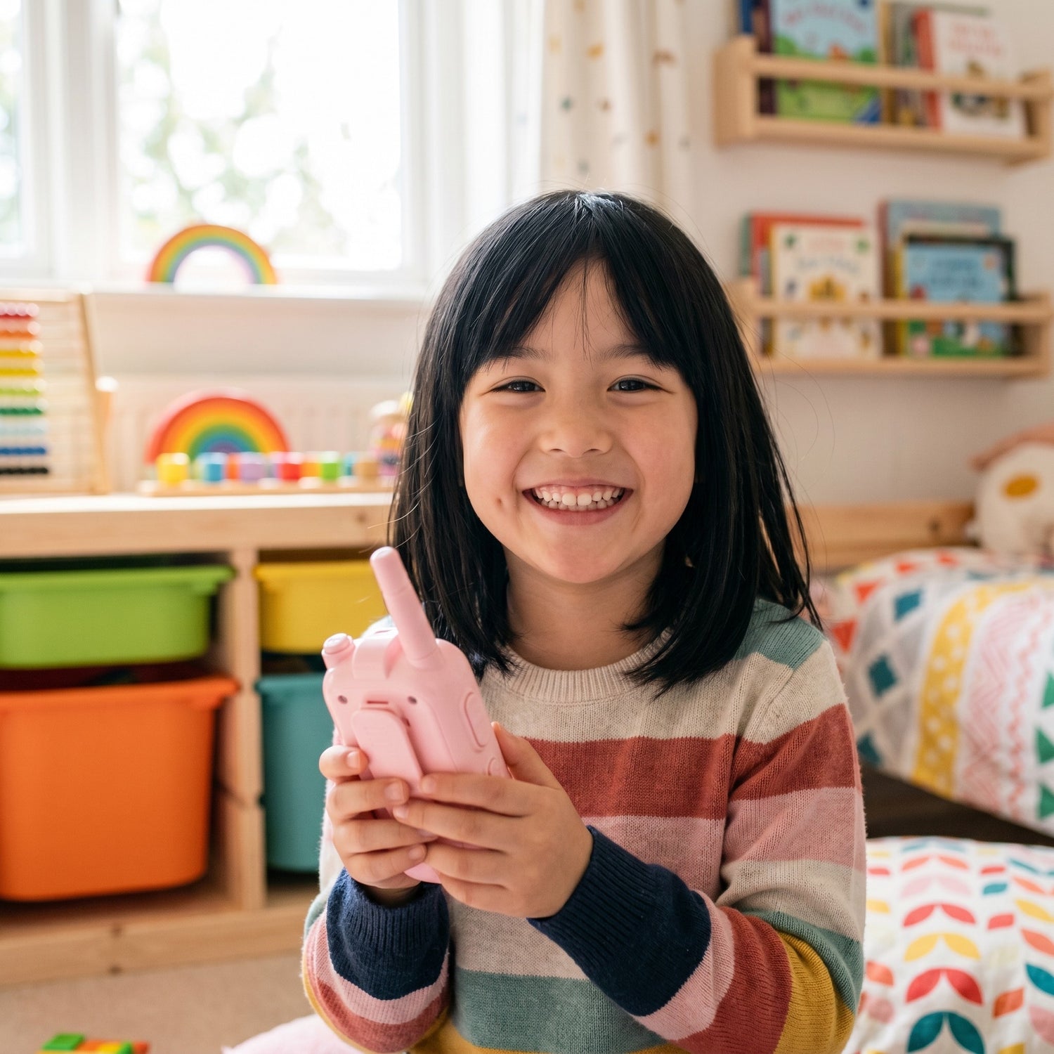 Kind freut sich ueber das Kinder-Walkie-Talkie