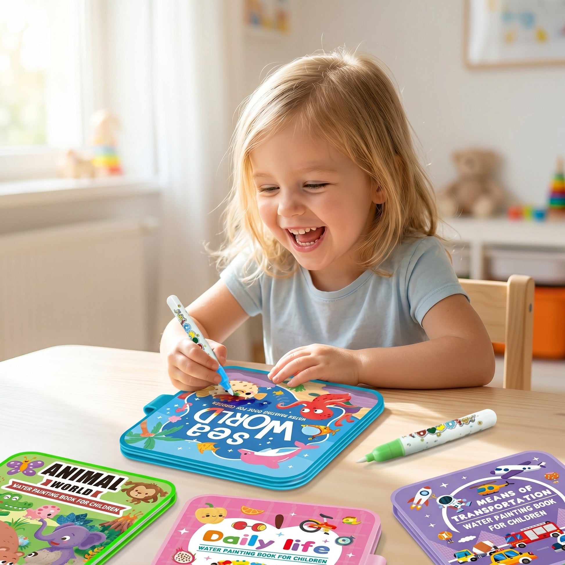 Kind malt mit dem Wasserstift im magischen Wasser-Malbuch