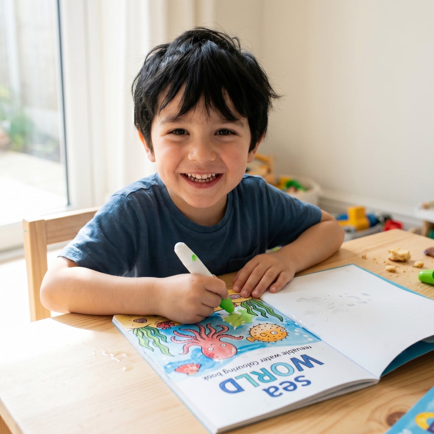 Kind freut sich ueber das magische Wasser-Malbuch