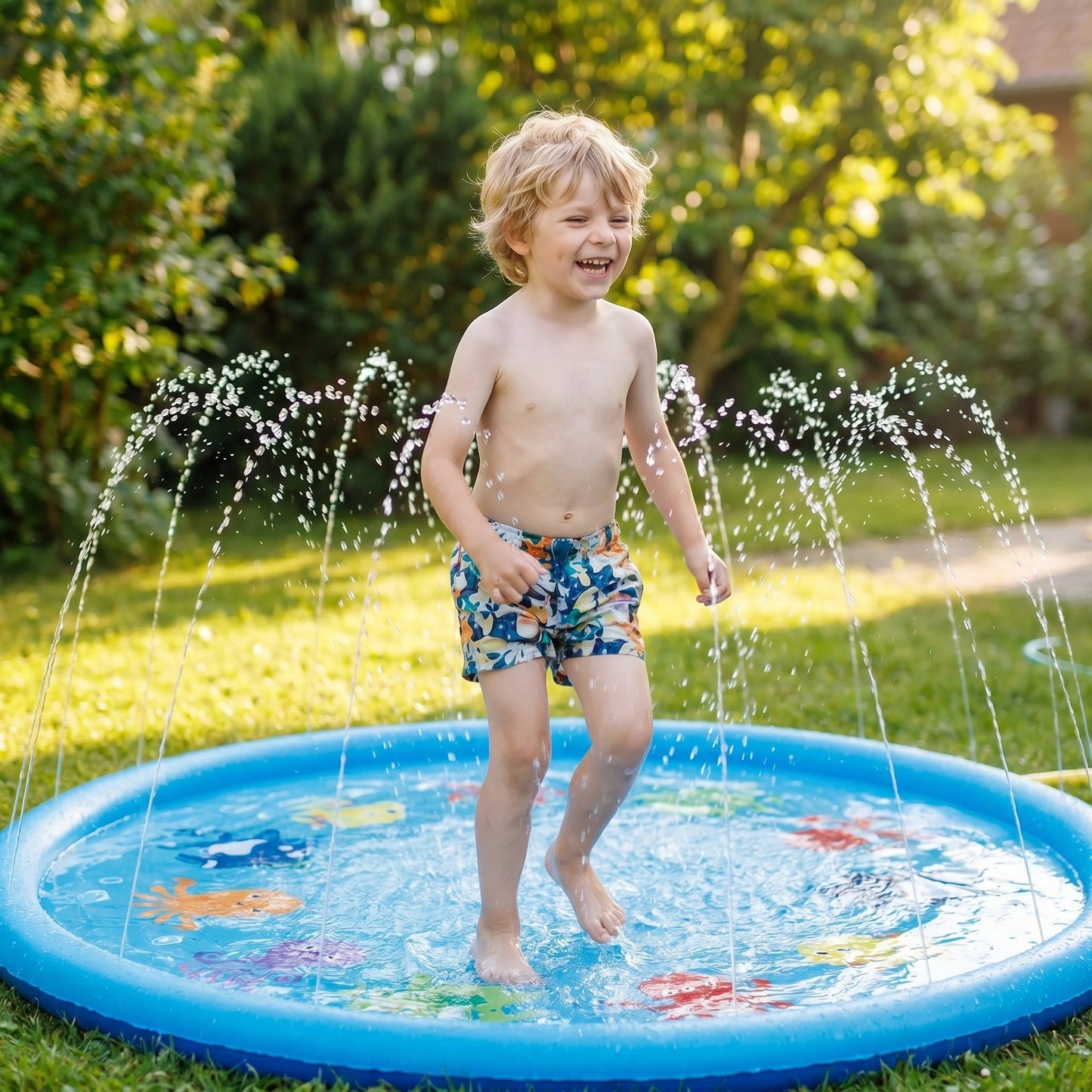Kind planscht auf der Wasser-Spielmatte 170 cm im Garten