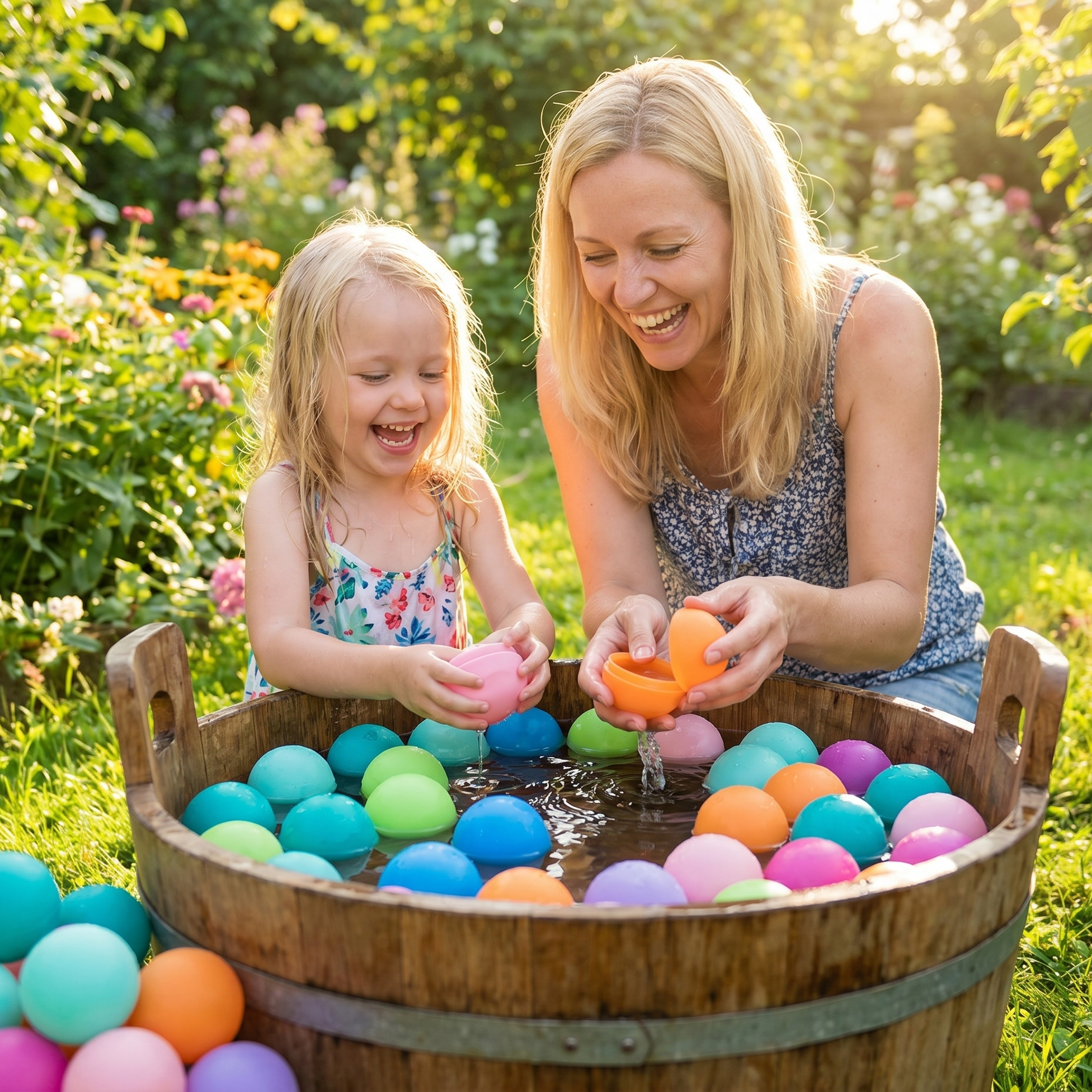 Mutter und Kind befüllen die wiederverwendbaren Wasserbälle im Garten