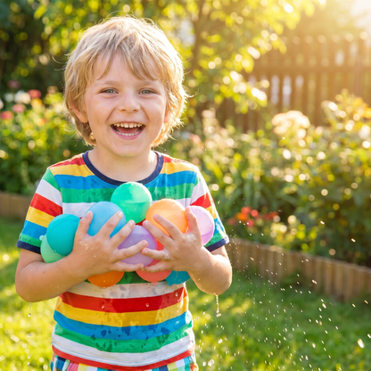 Junge hält bunte wiederverwendbare Wasserbälle im sonnigen Garten