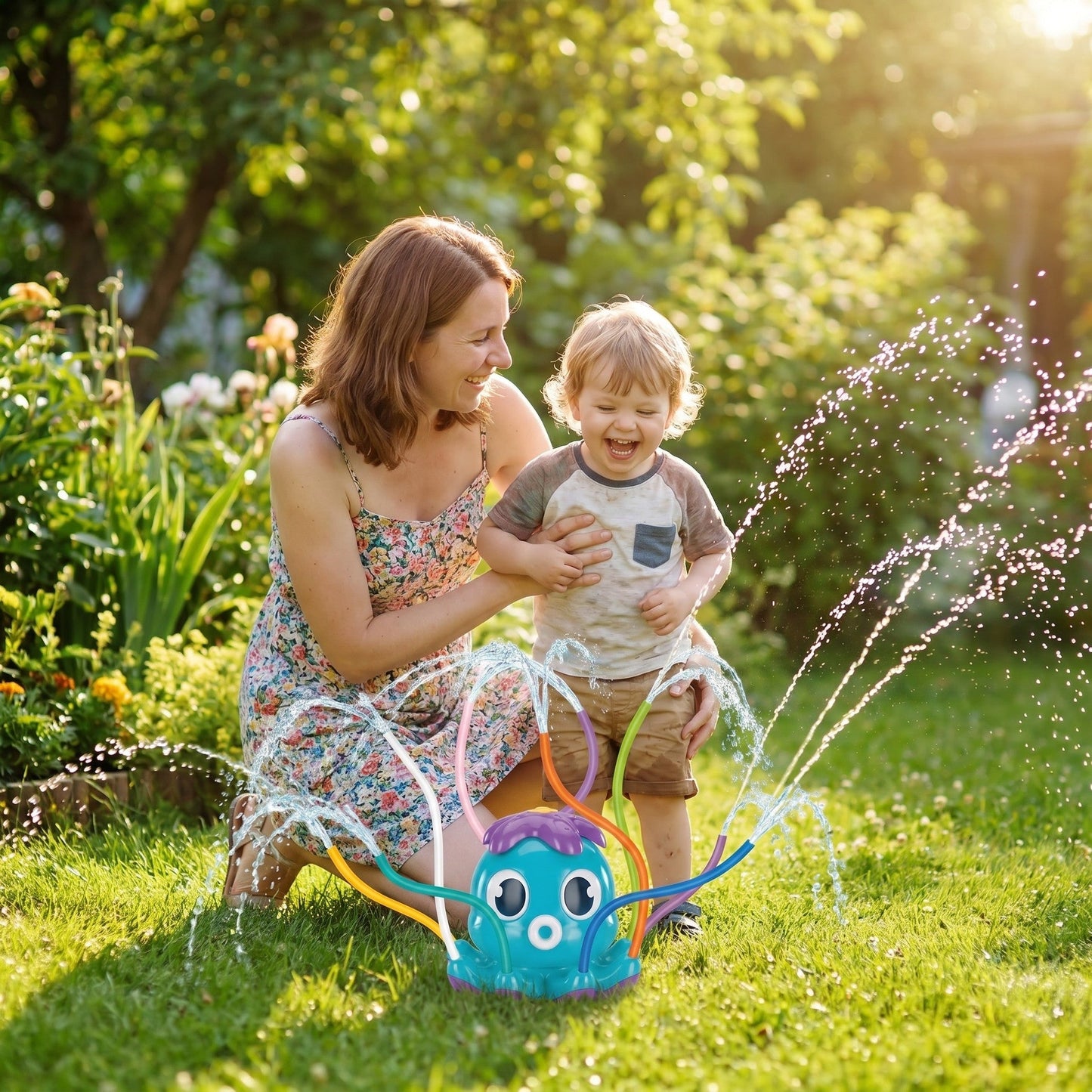 Mutter und Kind spielen mit dem Oktopus-Wassersprinkler im Garten