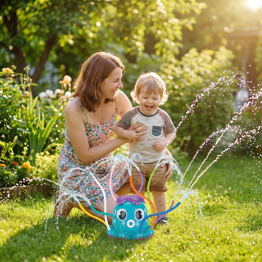 Mutter und Kind spielen mit dem Oktopus-Wassersprinkler im Garten