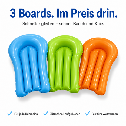 3 aufblasbare Rutsch-Boards im Lieferumfang der XXL-Wasserrutschbahn