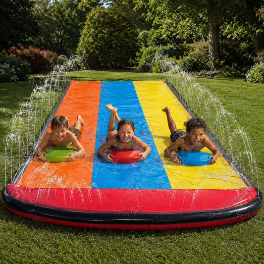 Drei Kinder rutschen gleichzeitig auf Boards über die XXL-Wasserrutschbahn mit 3 Bahnen