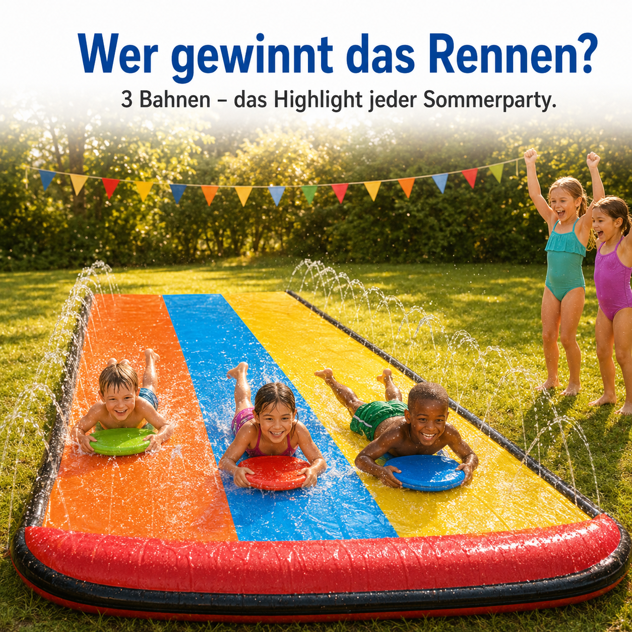 Wettrennen zu dritt – die XXL-Wasserrutschbahn beim Kindergeburtstag