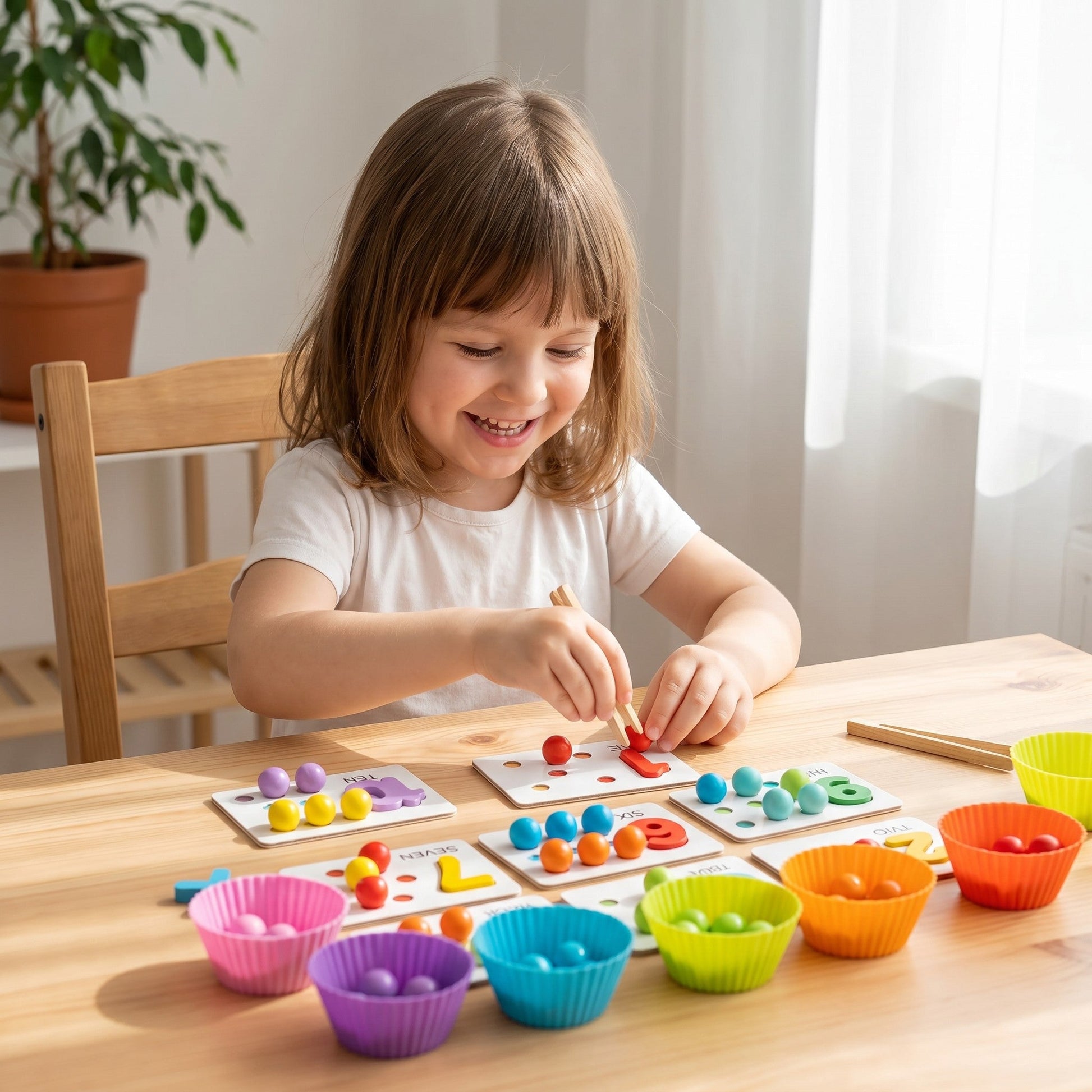 Kind spielt mit dem Zahlen-Klammerspiel im hellen Kinderzimmer