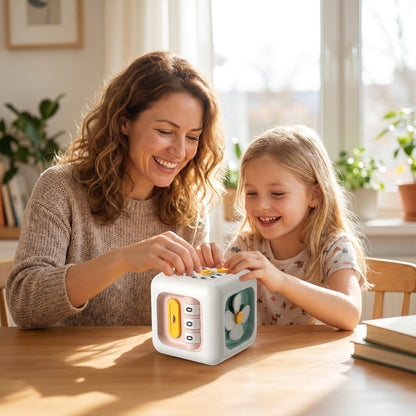 Mutter und Kind knobeln gemeinsam am Montessori-Zauberwuerfel