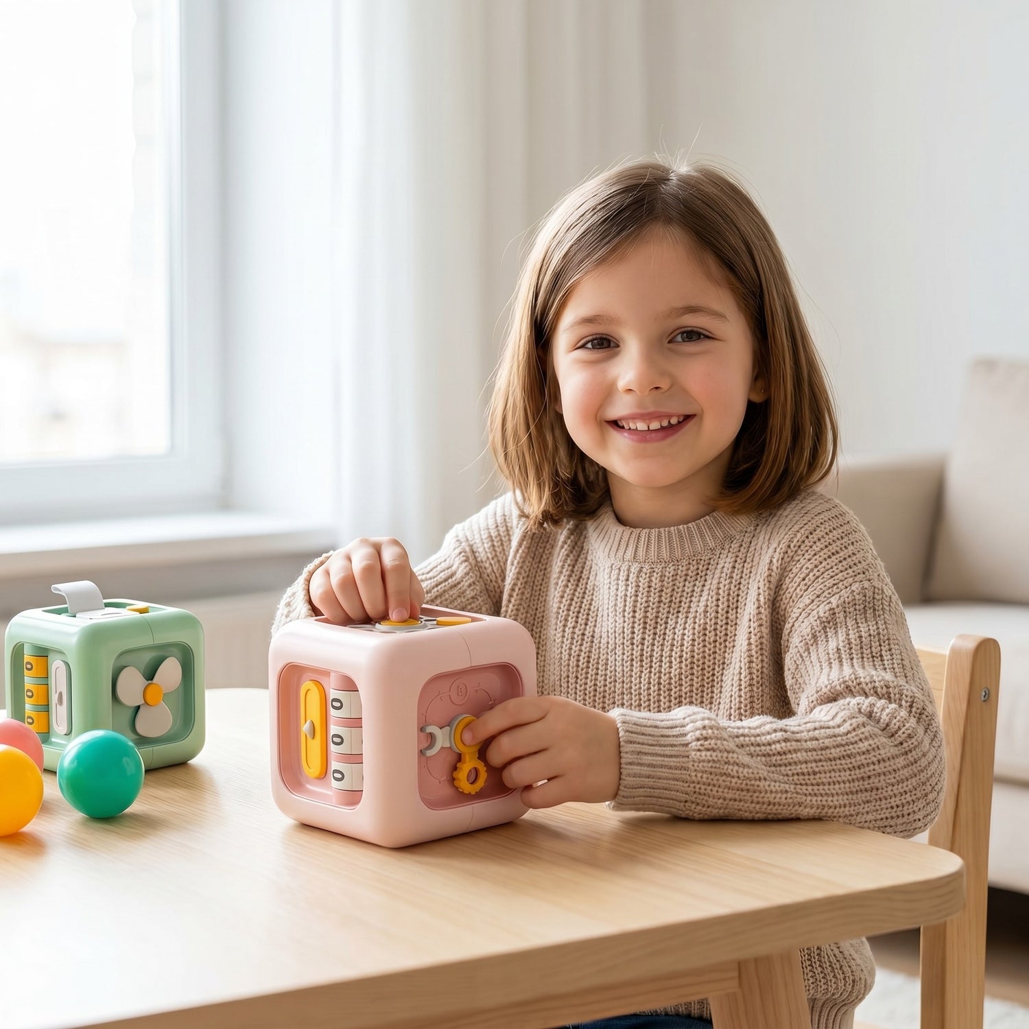 Kind freut sich ueber den Montessori-Zauberwuerfel